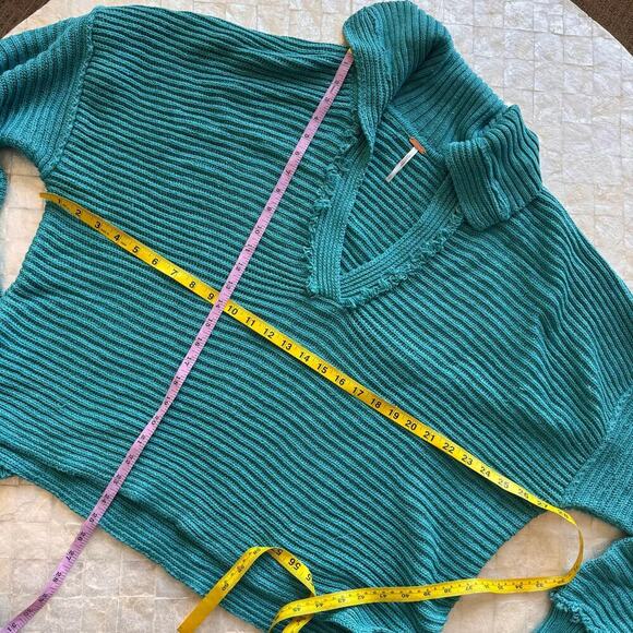 Free People Marlie sweater oversized sz Large L teal turquoise blue ribbed knit - Picture 6 of 8